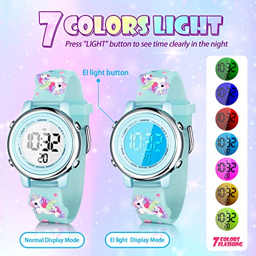 Yaomiao 3 Pieces Kids Unicorn Digital Sport Watches and Bracelets,7 Color Lights, Alarm, Stopwatch, 3D Waterproof Watch Gift for Girls 3-10 Years Old3