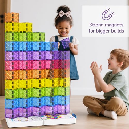Image of 100Pcs Premium Magnetic Tiles Toys Set with Sturdy Iron Case, STEM Educational Building Blocks for Kids Ages 3-5 4-8, Montessori Sensory Toys, Creative Birthday Gifts for Toddler Boys & Girls