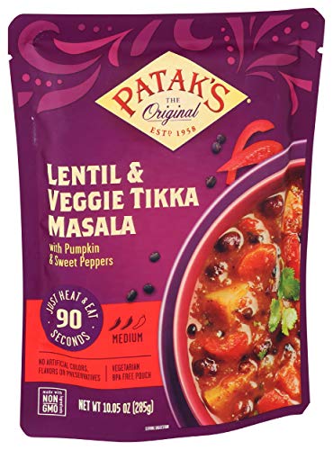 Image of Patak's Lentil & Veggie Tikka Masala - Vegetarian Indian Curry w /Lentils, Beans, Pumpkin, Sweet Potatoes & Vegetables - Ready-to-Eat Microwaveable Meal - Serve with Rice or Naan - 10.5oz (Pack of 4)
