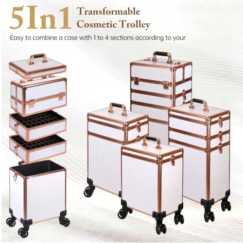 Image of 5 in 1 Rolling Makeup Train Case Professional Cosmetic Trolley Large Storage Organizer on Wheels for Hairstylist Artist Nail Beauty Salon Barber White - Gold Frame
