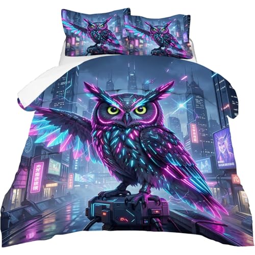 Image of Owl Comforter Set Full Size Robot Bird Bedding Sets for Boys Girls Kids Teens Bedroom Decor 3D Neon Sci-Fi Cyberpunk Animal Quilt 1 Comforter 2 Pillowcases