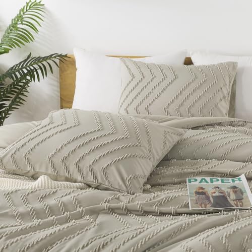 Image of Andency Oatmeal Oversized King Comforter Set, Boho Soft Warm Tufted Neutral Bedding Comforter Sets, 3 Pieces Aesthetic Chevron Farmhouse Cute Bohemian Textured Bedding Set