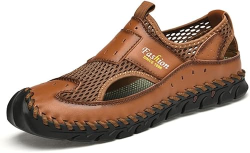 LLTMALL Men's Closed Toe Sandals Summer Breathable Comfortable Leather Mesh Sandals Casual Outdoor Walking Loafers Brown 13.5