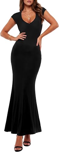 LYANER Women's Deep V Neck Cap Sleeve Tie Back Bodycon Wedding Guest Long Dress 