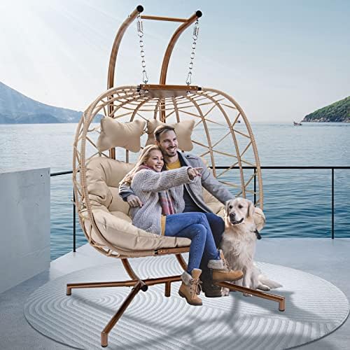 RADIATA Luxury 2 Person Wicker Swing Double Egg Chair with Stand, Rattan Wicker Hanging Egg Chair Hammock Chair with Cushion and Pillow for Indoor Outdoor Bedroom Patio Garden