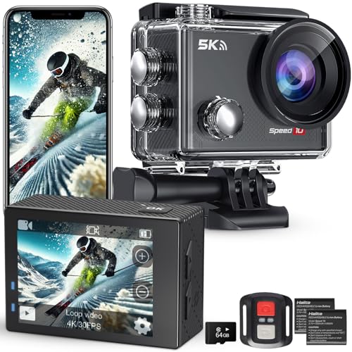 Hiicam Speed 10 Action Cam 5K 30FPS 30MP Fotocamera Impermeabile Subacquea 40M con EIS, Telecamera Sportiva con Telecomando Zoom 5X, 170° Grandangolare, Batteria 2x1350mAh/Accessor (BLACK-6)