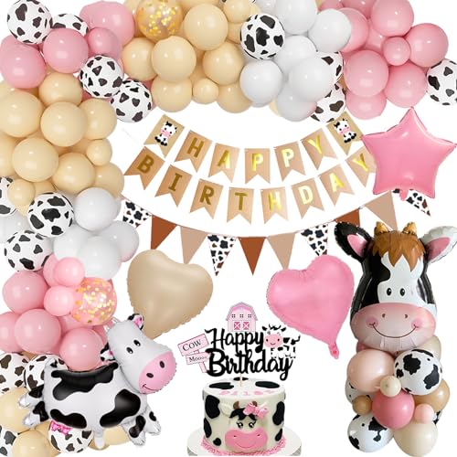 YYDSXK Globos de Cumpleaños Niña, Rosa Globos de Vaca con Pancarta de Happy Birthday, Globos de Papel de Vaca, Decoracion Cumpleaños para Tartas, Feliz Cumpleaños Decoracion para Cowboy, Baby Shower