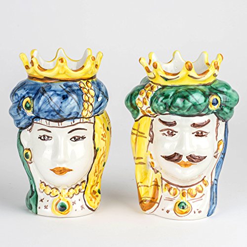 Cerámicas Azzaro & Romano Caltagirone - Cerámicas sicilianas Pequeñas, par de jarrones «cabezas de moro» hechas a mano