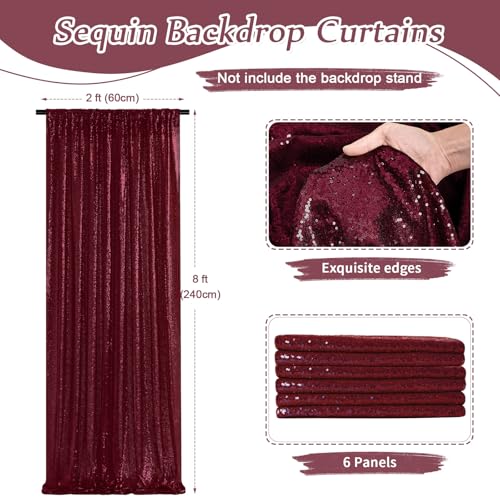 Image of Sequin Backdrop Curtain 6 Pieces 2ftx8ft Burgundy Sparkly Stage Backdrop Drapes for Christmas Party Decoration Birthday Party Background Photography Drapes