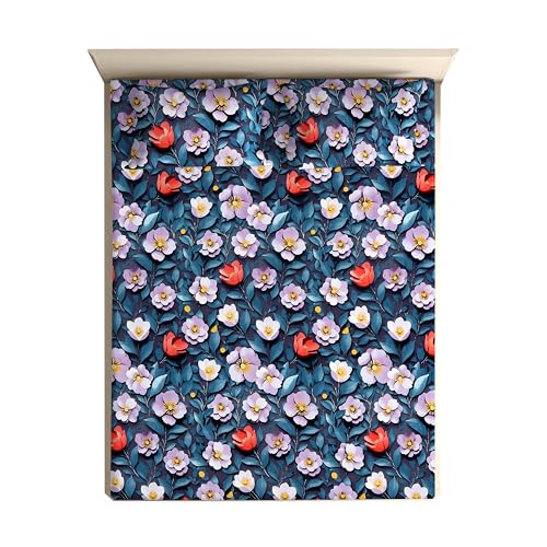 Image of DECORUM 300TC Glace Cotton Elastic Fitted King Size Bedsheet (72''X78'') with 2 Pillow Covers | Soft & Comfortable Cotton Feel | Fits Upto 8'' Mattress | Navy-Blue Botanical Floral