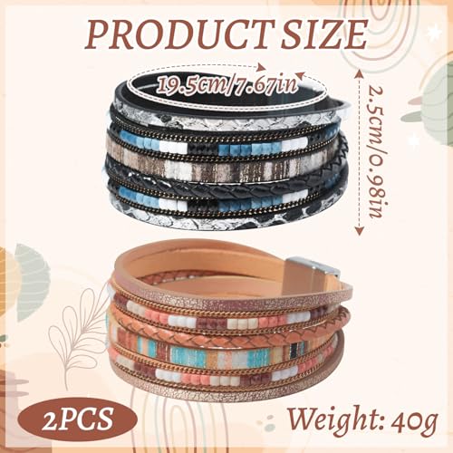 2 Pcs Leather Wrap Bracelets for Women Boho Rustic Multi-Layer Bracelet Clasp Beads Stackable Faux Rhinestone Bracelet Cuff for Women Slender Wrist2