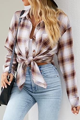 Image of CHYRII Womens Button Down Flannel Shirts Long Sleeve Plaid Shackets Business Casual Blouse Top