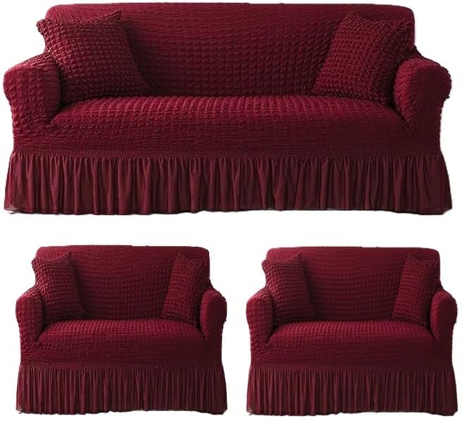 TONY STARK Elastic Stretchable 5 Seater Turkish Bubble Sofa Slipcover, Durable Washable Universal High Elastic Furniture Protector Frill Sofa Cover (Cherry Red - 3+1+1)-image-21