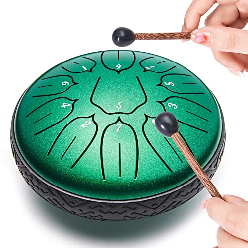 Lronbird Steel Tongue Drum, 6 Inch 11 Notes D-Key Handpan Drums, Small Concert Percussion Instrument With Music Book Mallets Pad Bag For Kids Adults Meditation Yoga Sound Healing, Unique Gifts (Green) #TOP2