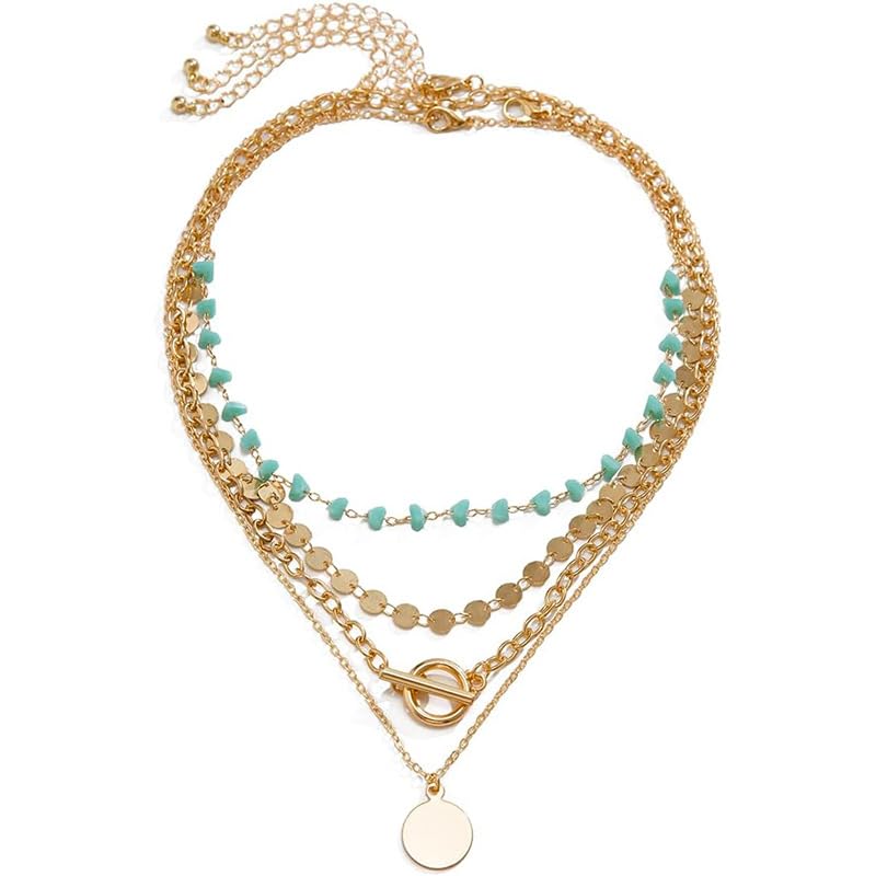 XIABYAYU Collier Multirang Femme, Collier Multirang Boheme, Colliers Multi Couche, Colliers Multicouche Femme, Perles Turquoise Avec Pendentif Pièce, Style...
