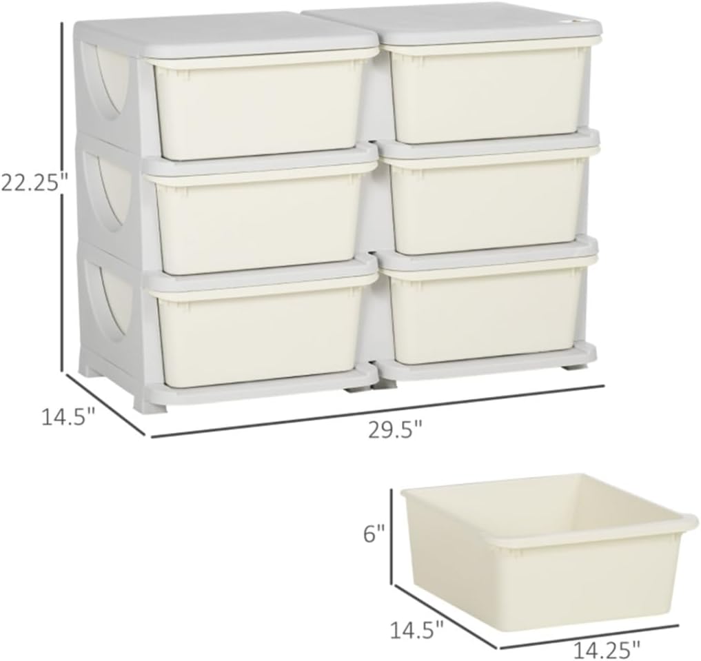 3 Tier Children Storage Unit, 6 Drawer Chest Toy Organizer with Round Edge for Bedroom, Kindergarten, Living Room, Large Capacity Plastic Bins for Boys Girls Toddlers, Cream + Grey