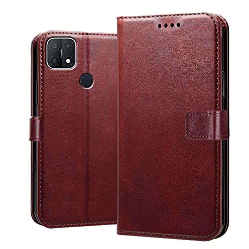 Image of Inside Rubber TPU with Card Pockets Magnetic Closure Protection Compatible with Oppo A15, CPH2185 (Brown)