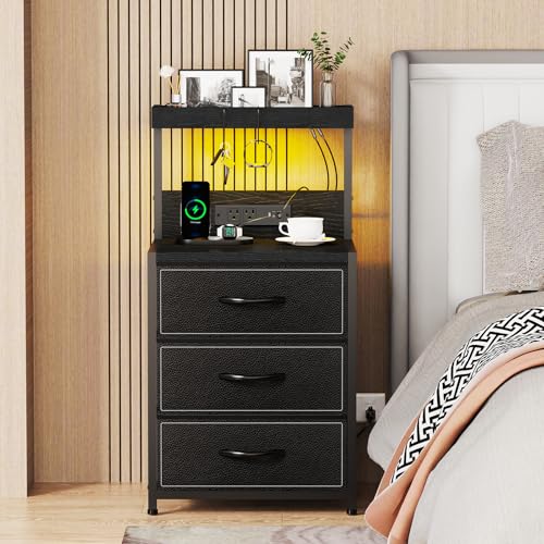 SZLHANJZ LED Nighstand with Charging Station, Dresser Nightstand with 3 Drawers and LED Lights, Storage Side Table with Shelf and Hooks, Tall End Table for Bedside, Bedroom, Modern Black - Thumbnail 2