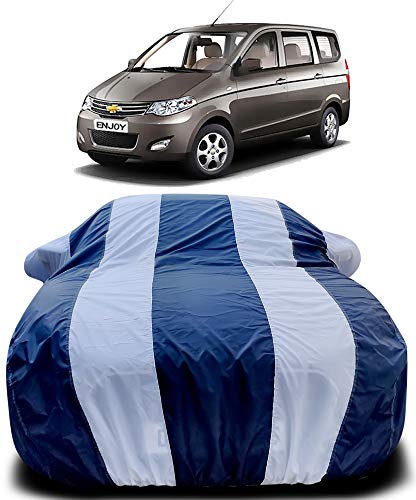Image of PURPLEHEART Car Body Cover Compatible with Chevrolet Enjoy with Mirror Pocket Triple Stitched Bottom Elastic Water Resistant UV Protection & Dustproof Car Cover-Blue & White