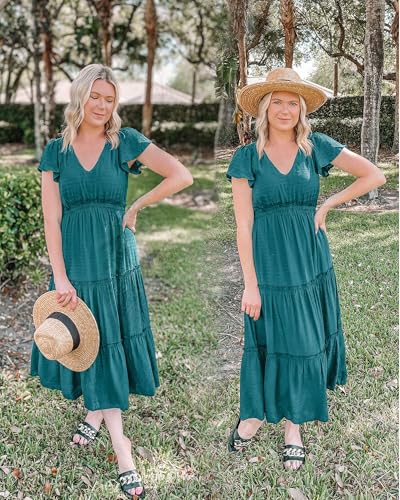 Image of VOTEPRETTY Women's 2026 Summer Boho Maxi Dresses Flutter Short Sleeve V Neck Casual Beach Wedding Guest Vacation Long Dress