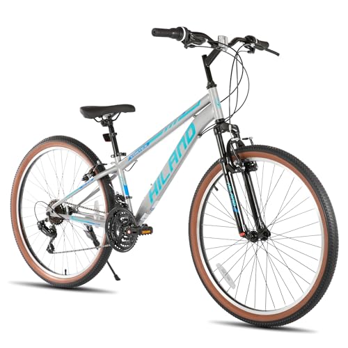 HILAND 26 Inch Mountain Bike for Mens and Womens, 21 Speeds Mountain Bicycle, High-Tensile Steel Frame, V Brake, Hardtail MTB for Adults Gray