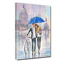 Romantic Canvas Prints Couple Holding a Umbrella With Bicycle Wall Art Decoration Colorful Pictures Rain Oil Painting Home Decor For Living Room Bedroom, Framed Ready to Hang (Blue, 20\"x30\")