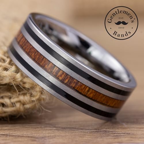 Men's Silver Tungsten Carbide Wedding Band - Premium Grade Tungsten with Barrel Wood Inlay Wedding Ring for Men - Includes Silicon Band, Leather Drawstring Pouch, & Luxury Walnut Ring Box2