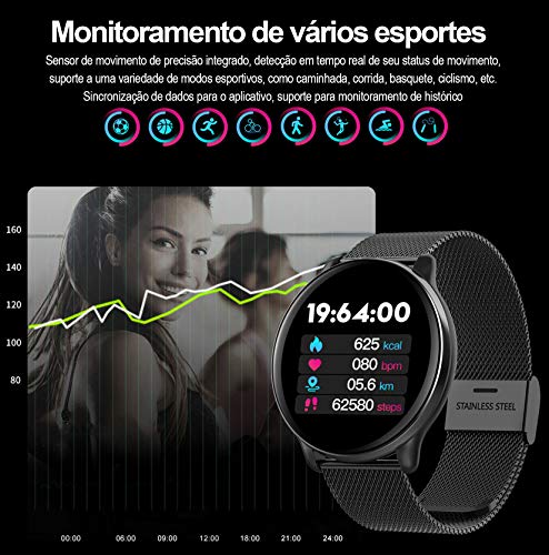 Relógio Inteligente, com Monitor Cardíaco, Sono, Pressão e Sangue, para iOS e Android - Preto