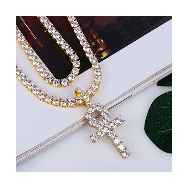 JINAO 18K Gold Plated Iced Out Cubic Zirconia Classic Ankh Nail Mini Cross Egyptian Pendant Necklace Hip Hop Jewelry for Men Women with Stainless Rope Chain - Image 5