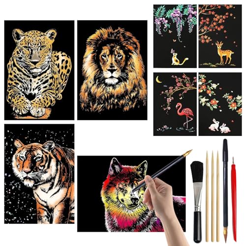 8 PCS Scratch Art, Rainbow Scratch Notes con Kit de Herramientas de Rascado Serie de Animales Rainbow Scratch Art para Adultos y Niños (Tamaño A4/A5)
