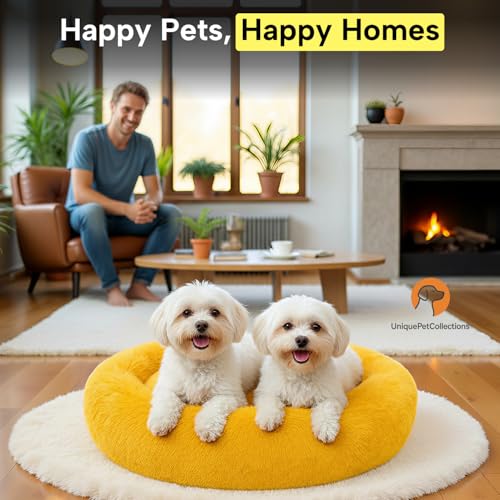 Image of Fabric Fluffy Washable Waterproof Dog Bed For Summer | Large Size Round Pet Bed For Golden Retriever, Labrador, Pug, Beagle | Anti-Skid, Soft & Cozy For All Breeds (Golden, S)