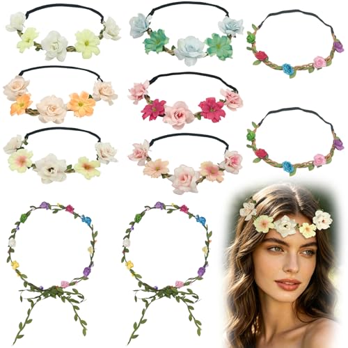 10 Stück Blumenkranz Haare Blume Krone Stirnband Braut Haarschmuck Böhmische Kopfbedeckung Haarbänder Floral Girlande für Frauen Mädchen Hochzeitsfest Feiertag Geburtstag 7 Farben 2 Größen