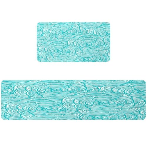 Tapis de cuisine absorbant lavable lot de 2 fleurs turquoise