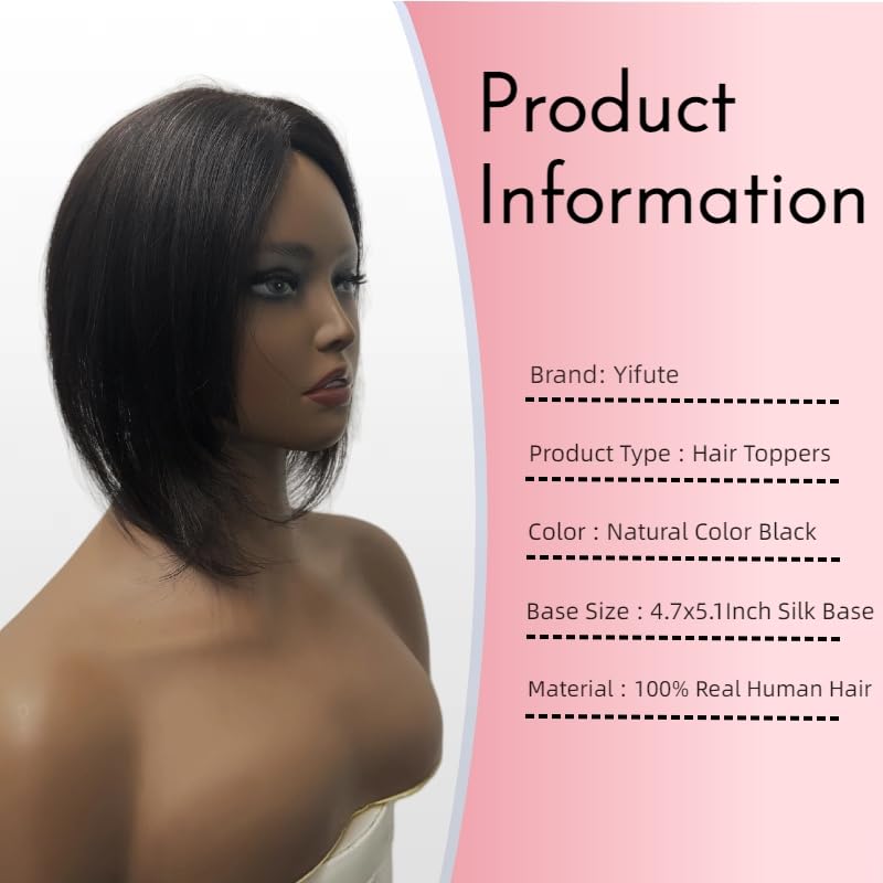 Silk Base Human Hair Topper for Women Real Human Hair Clip In Topper,4.7x5.1Inch Larger Base, 150% Density, Hair Piece with No Bangs, Natural Color Toppers for Women with Thinning or Fine Hair(10inch)