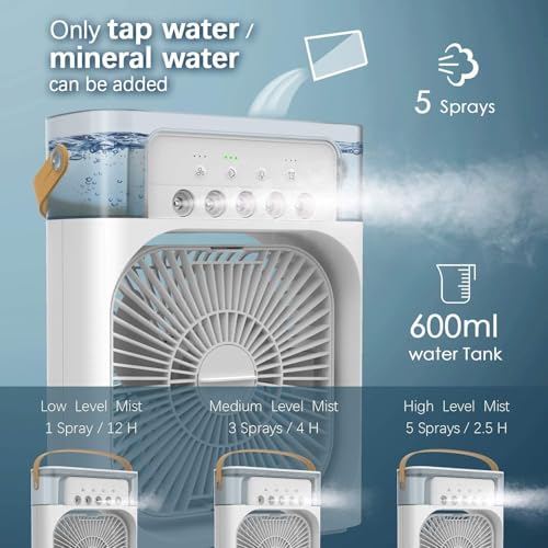 Image of Portable Air Cooler Fan with Mist, USB Powered, Water Tank, 3 Speed Settings, Air Cooler Fan with Water Tank & USB Power, Mini Personal Cooler with 3 Speeds for Home, Office