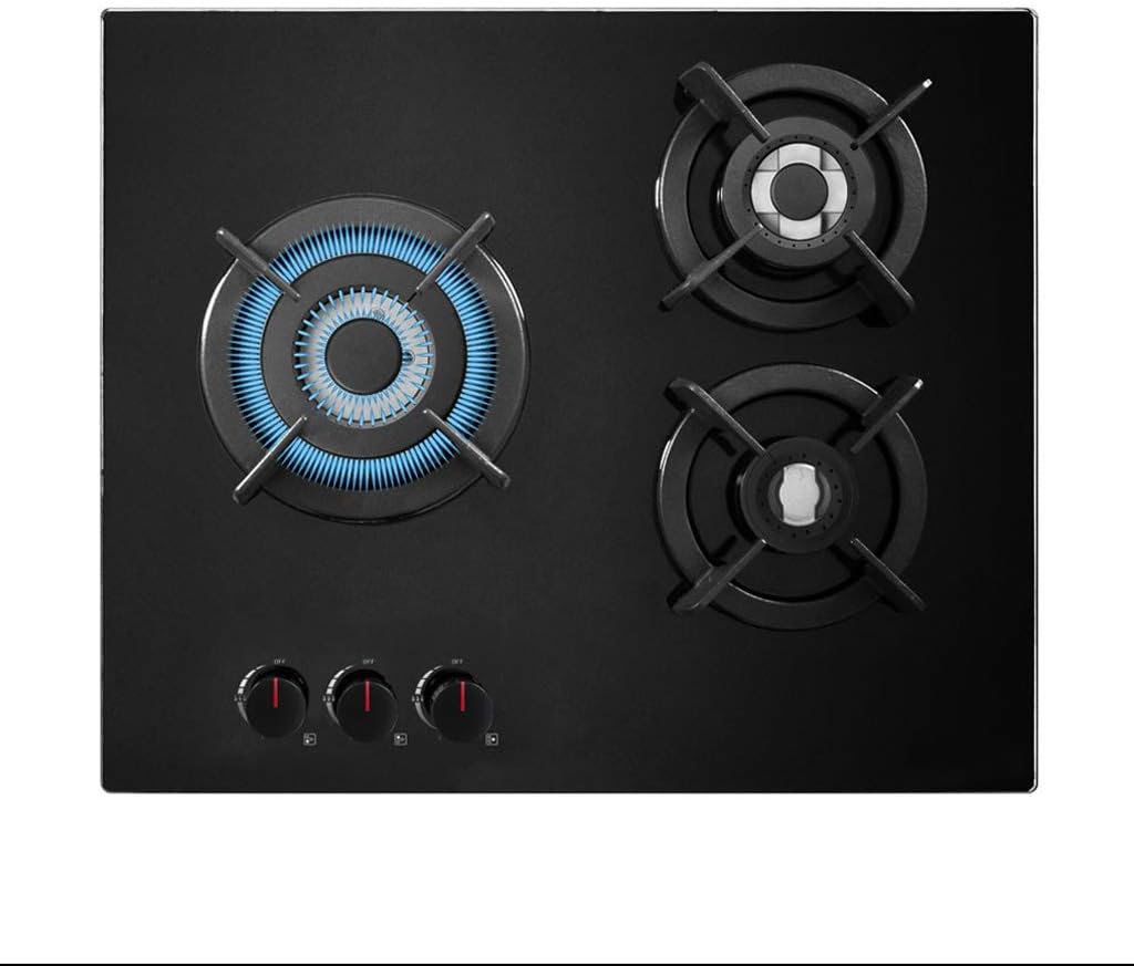 Gas Cooktop 23" X20" Inches Gas Stove Tempered Glass Built In 3 Burners Gas Stoves Cooktop/Cast Iron Grate Stove-Top (Black B) (Black B)