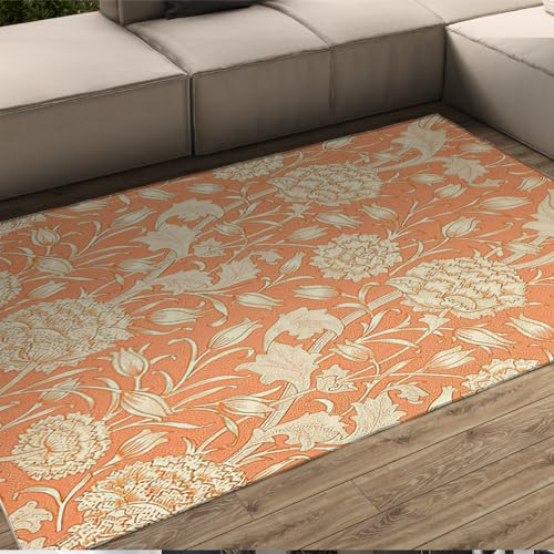Tapis de sol style William Morris tulipe sauvage lavable orange