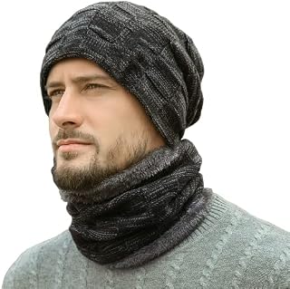 Bequemer Laden Winter Beanie Hats Scarf Set Warm Knit Hats Skull Cap Neck Warmer with Thick Fleece Lined Winter Hat & Scarf for Men Women