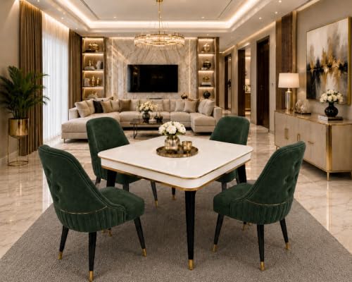 Image of WOODEN SPACE 4 Seater Wooden Dining Table Set | Urban Marble Top Dining Table with Chairs for Dining Room & Kitchen (Modern Grand Aura Dark Green) (42 x 42 x 30 inch)