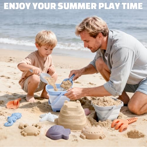 Dreamon 3 Pack Beach Toys Set for Kids 3-10, Collapsible Sand Buckets with Beach Molds and Mesh Bag, Sandbox Travel Toys Beach Vacation Essentials, Camping Gear, Fishing (Blue/Grey/Orange) - Image 3