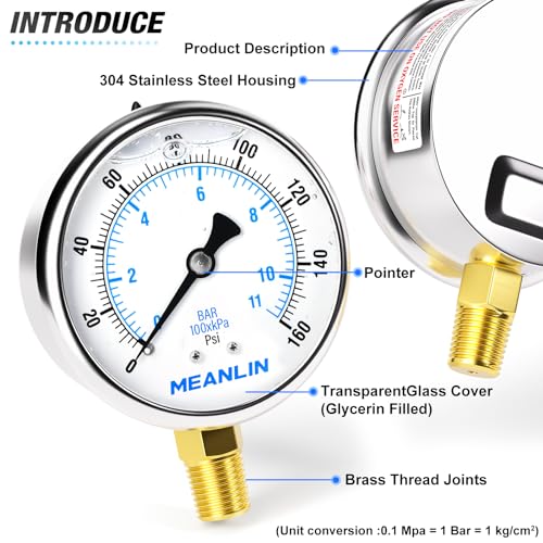 Image of MEANLIN MEASURE 0~160Psi Stainless Steel 1 /4 inch NPT 2.5 inch FACE DIAL Liquid Filled Pressure Gauge WOG Water Oil Air Lower Mount, with 1 /2 inch NPT and 3 /8 inch NPT Hex Bushing