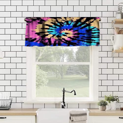 Image of Swirl Tie Dye Window Valance Curtain, Retro Spiral Hippie Style Chic Colorful Watercolor Window Valances Treatments for Kitchen Living Room Cafe Decor 54'x18', 1 Panel
