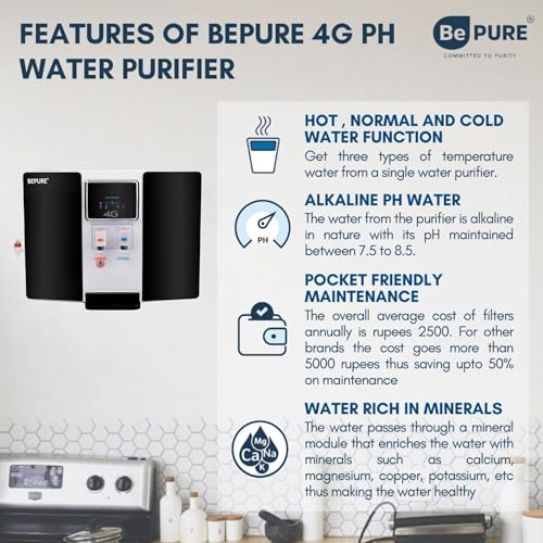 Image of Bepure 4G pH Black Hot and Cold Water Purifier 9L RO+UV+UF+TDS+Alkaline purification | ISI Mark | 8 Stage Water purification | Works up to 3000 ppm TDS | Black