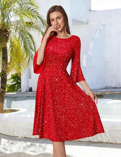 Image of HomRain Women's Church Dresses Modest Bell Sleeve Wedding Guest Cocktail Tea Party Vintage Evening Dress