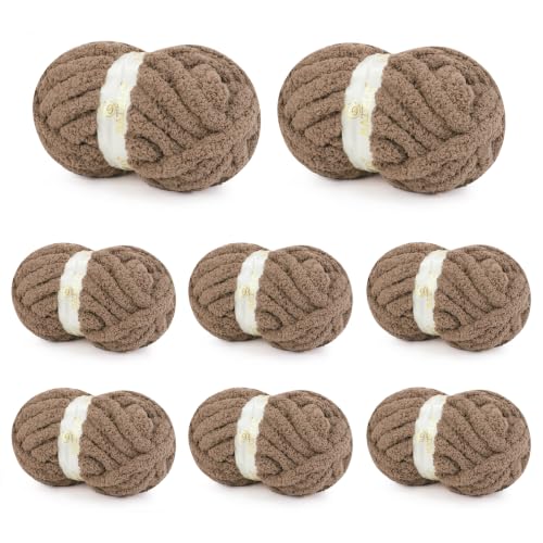 Image of Chunky Yarn for Hand Knitting, Chunky Chenille Blanket Yarn for Crocheting, Bulky Soft Fluffy Chenille for Blanket Project, 8 Pack of 8oz /25yds, Khaki