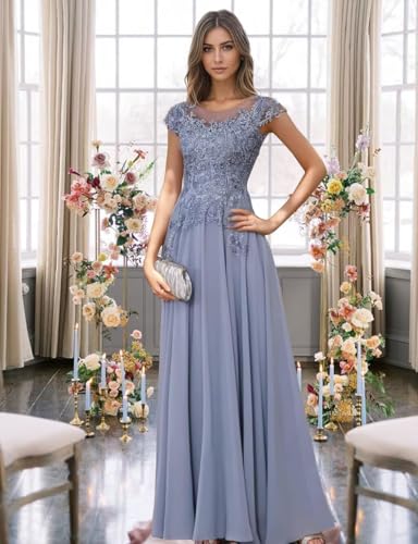 ALEESHUO Chiffon Mother of The Bride Dresses with Cap Sleeve Lace Applique Long Formal Dress for Wedding FLPW3454