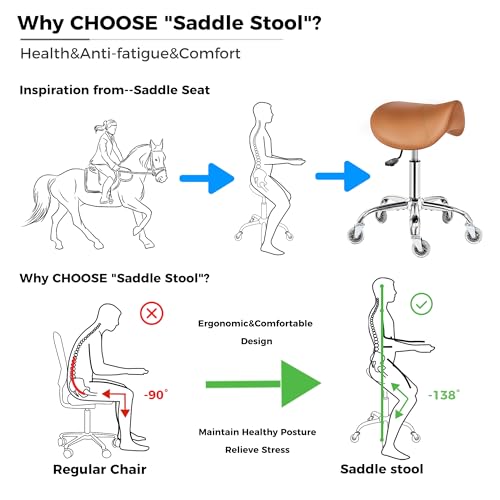 Image of BEWISHOME Saddle Stool with Wheels, Ergonomic Contoured Seat, Thick Cushioned PU Leather Swivel Saddle Chair with Adjustable Height for All-Day Comfort, for Salon, Clinic, Studio and OfficeBMD01Z