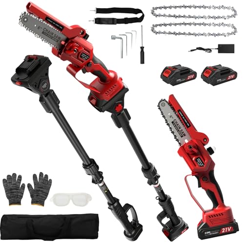 WingFly 2 en 1 Mini Motosierra y Podadora de Pértiga, Motosierra Telescópica de 6 Pulgadas, Sistema de Lubricación, con Baterías de 4000mAh, Hasta 4,5 m de longitud de trabajo para jardín