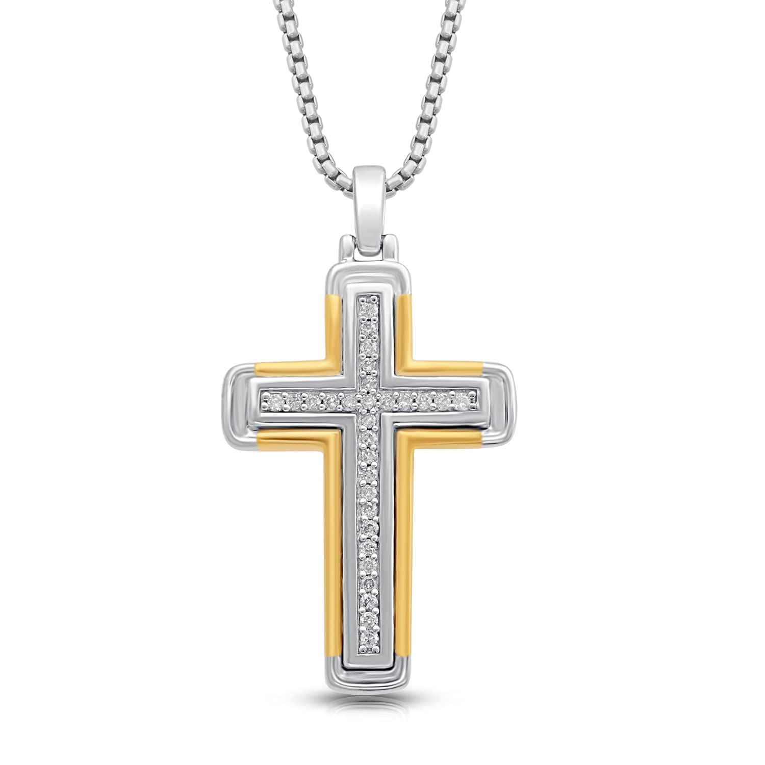 Yellow Gold over Sterling Silver Cross Pendant Necklace for Men | 1/5 CTTW Natural White Round Diamonds | 18" Box Chain | Luxury Jewelry with Gift Box | Timeless Fashion Jewelry Gift for Her