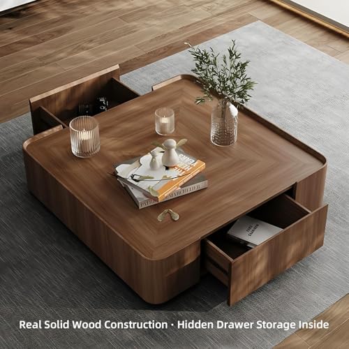 Luxury Wood Coffee Table with Hidden Drawer, Easy Installation Square Center Table for Living Room, Raised Edge Design, Premium Walnut Finish (35.43" Square Coffee Table) - Image 4